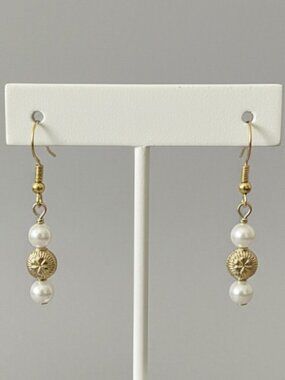 Glass Pearl and Gold Pierced Drop Dangle Earrings